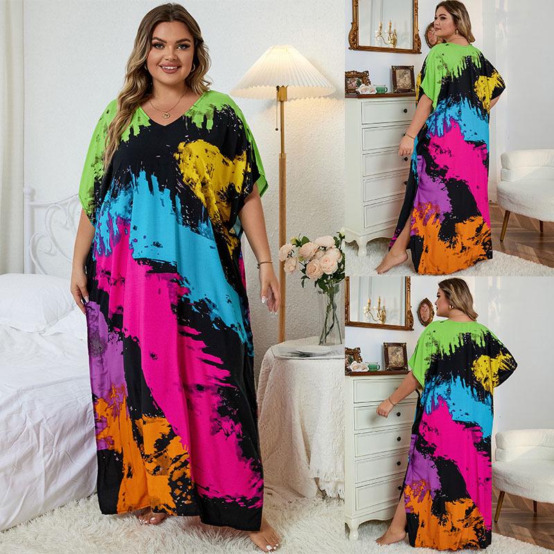 European-American Rayon Print Plus Size Beach Cover-Up Dress & Long Robe