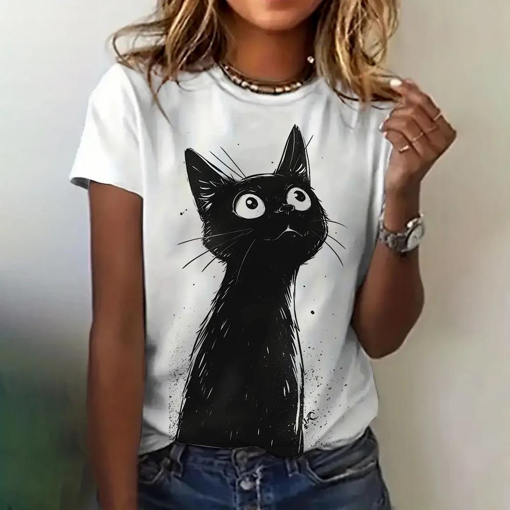 Летний топ с круглым вырезом и принтом 3D Cat, модные повседневные женские футболки с короткими рукавами