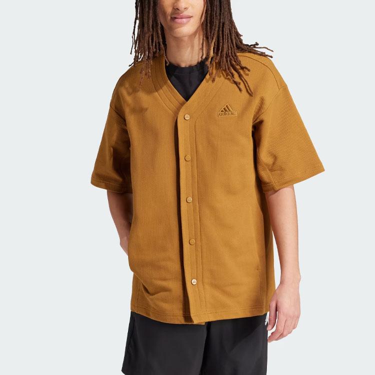 Adidas Бейсбольная рубашка Lounge Piqué Terry, простая, повседневная, с фирменным принтом, V-образным вырезом, коротким рукавом, мужские рубашки, желтые IS1608
