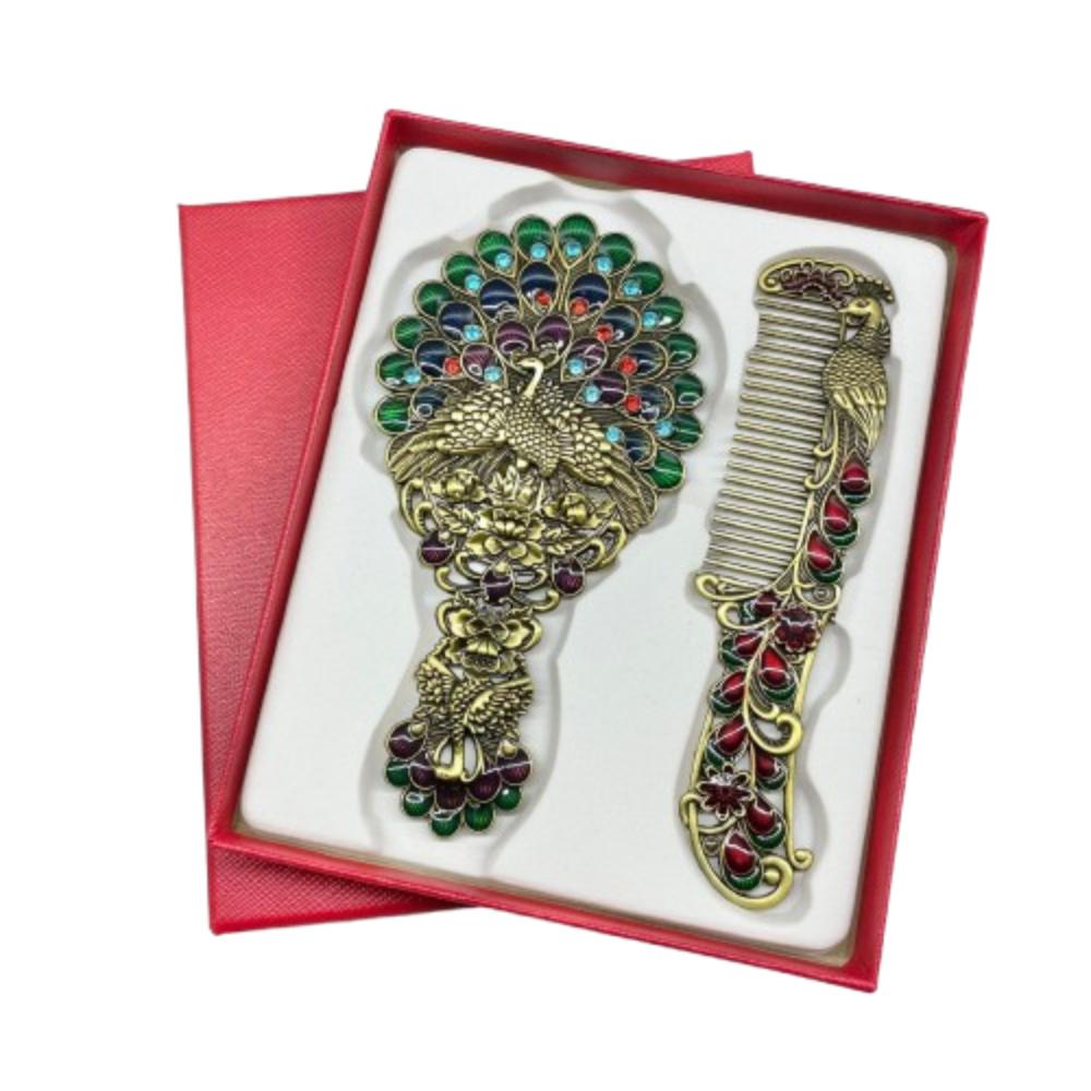 Portable Peacock Makeup Mirror Comb Set Vintage Hand-held Cosmetic Mirror Metal Handle with Comb Vanity Mirror Middle East