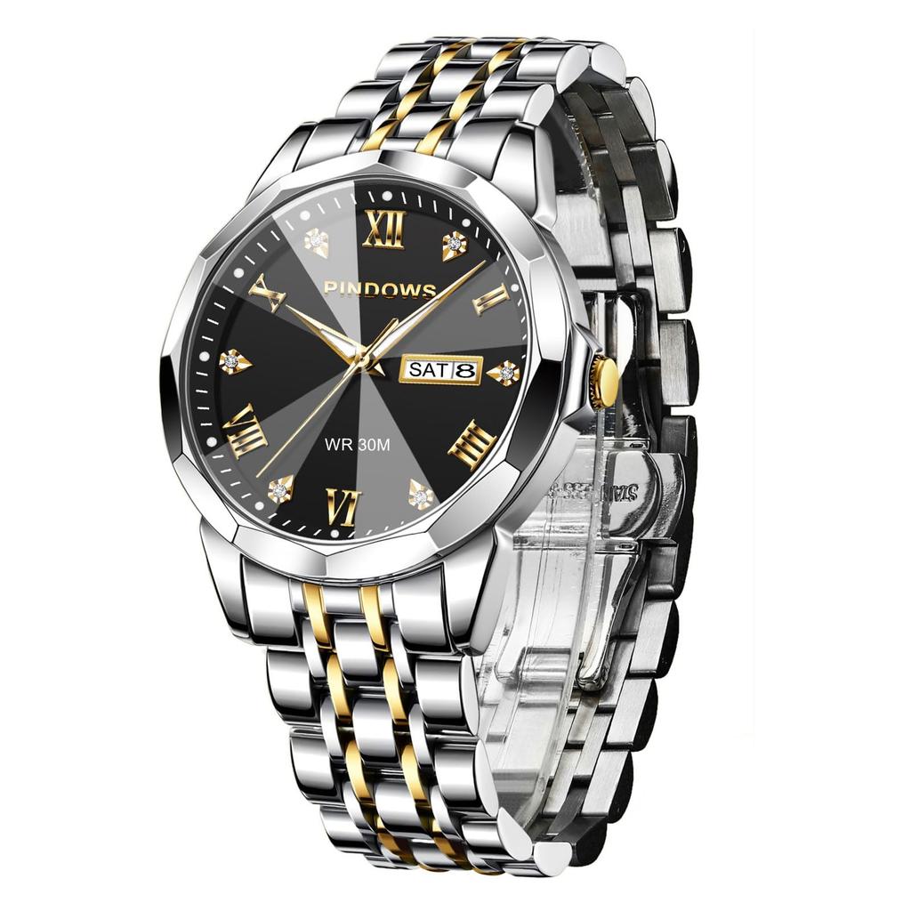 PINDOWS Роскошные деловые наручные часы с аналоговым кварцевым механизмом, водонепроницаемые, со светящимися стрелками, с датой и браслетом из нержавеющей стали для классического делового повседневного стиля, мужские