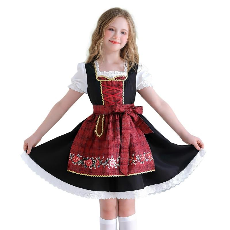 Girls Bavarian Dirndl Dress Set Oktoberfest Performance Farmhouse Style Short Sleeve Costume