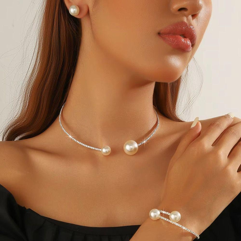 Adjustable Imitation Pearl Choker Necklace Openable Bracelet Rhinestones Necklace Bracelet Wedding