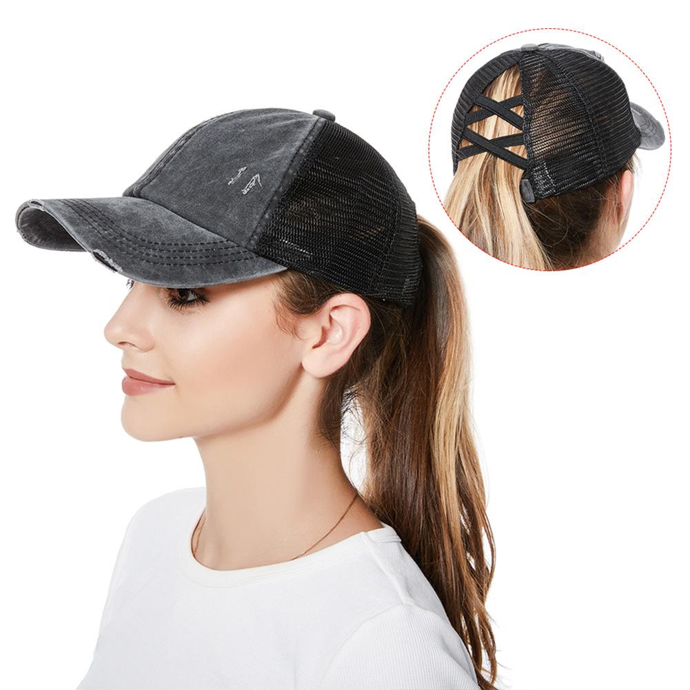 Women Cross Ponytail Baseball Cap Mesh Adjustable Outdoor Sports Washed Distressed Peaked Cap