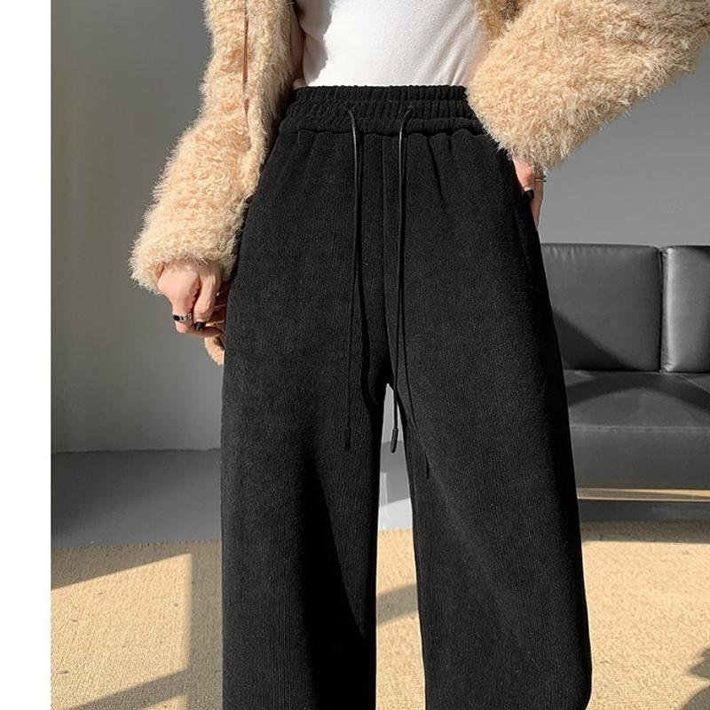 Fashion Women Drawstring Loose Casual Wide Leg Pants Autumn Fleece High Waist Winter Velvet Trousers for Women Elegant Solid Straight Lady Pants 2357