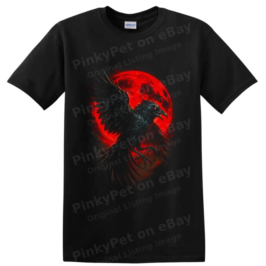 Raven Red Moon Gothic Bird T Shirt Dark Fantasy Halloween Night Art Graphic Tee