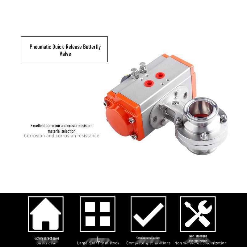 304 Stainless Steel Pneumatic Quick-Release Sanitary Clamp Butterfly Valve with Double Acting Pneumatic Head, 51mm