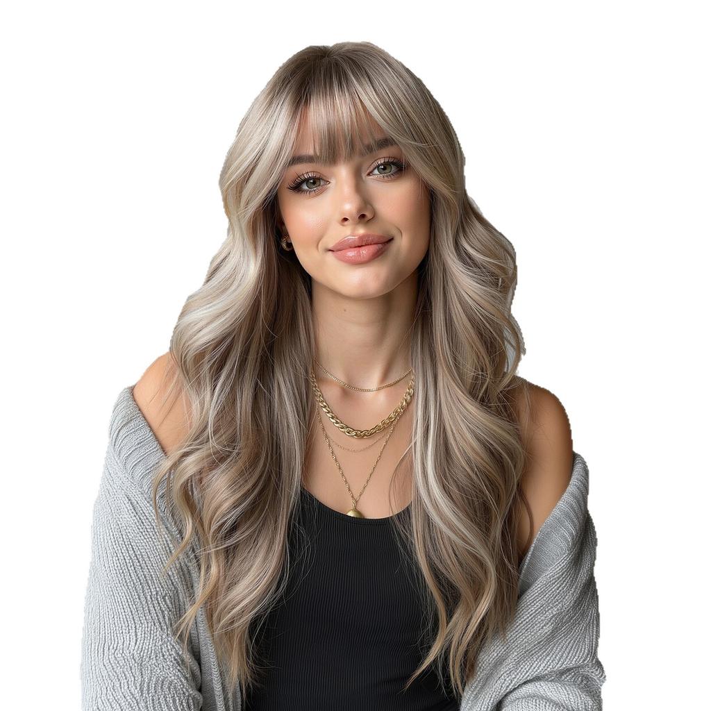 European And American Wind Gradual Change Gray Gold Long Curly Hair Wig Air Bangs Big Waves Natural Realistic Chemical Fiber Full Head Cover