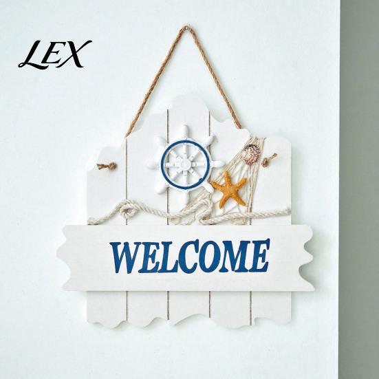 Handmade Coastal Art Mediterranean Style Wooden Welcome Sign, Starfish And Shells Hanging Nautical Sign Plaque, Decorative Wall for Home Porch