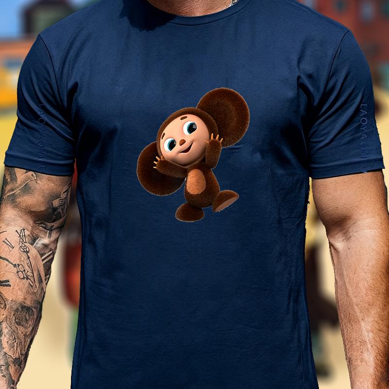Cute Cheburashka Monkey T Shirt Unisex Russian Cartoon Cyrillic Text Art Print Cotton Animation Lover Outdoor Casual Tee