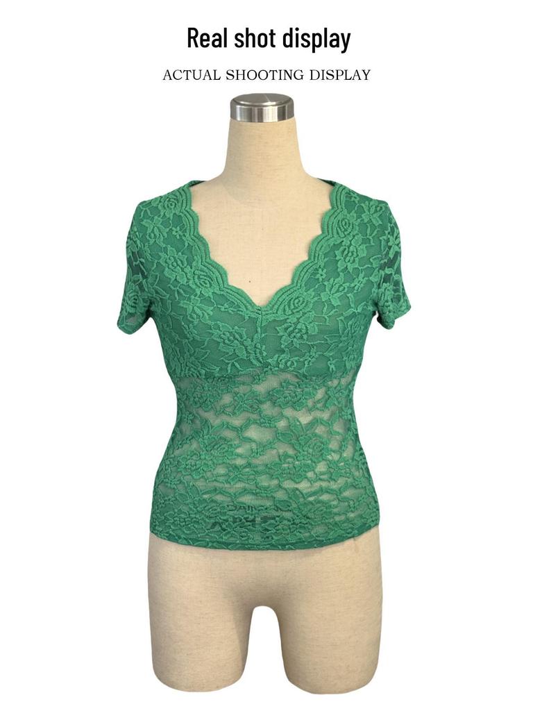 2025 Spring/Summer Women's Sexy Lace V-neck Short Sleeve Top