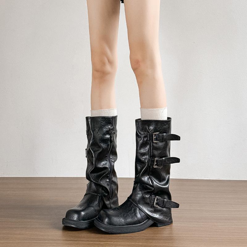 2025 New Heightening Black Tube Pants Tube Boots Female Western Cowboy Knight Boots Thick-soled Pleated Stacking Boots