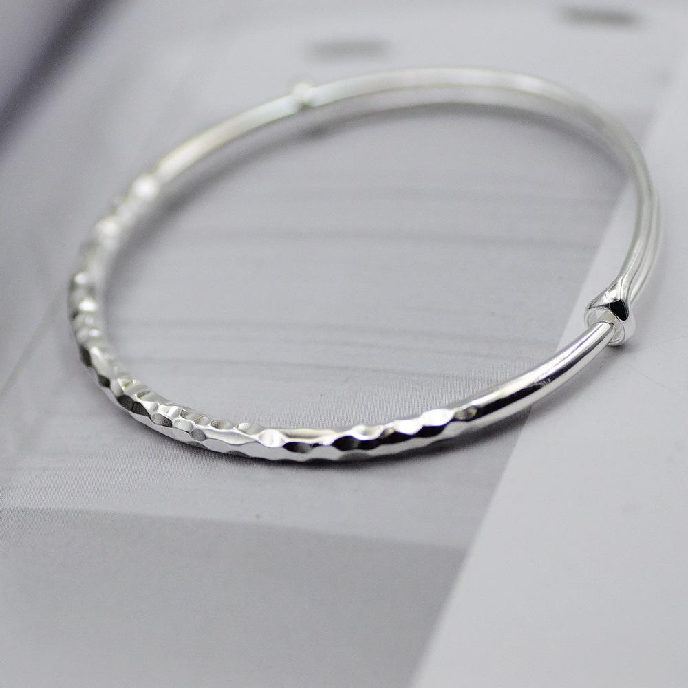 Thailand Chiang Mai Full Silver 9999 Diamond Face Push-pull Bracelet Women's Pure Silver Art Ancient Method Handmade Hammer Face Plain Silver Bracelet