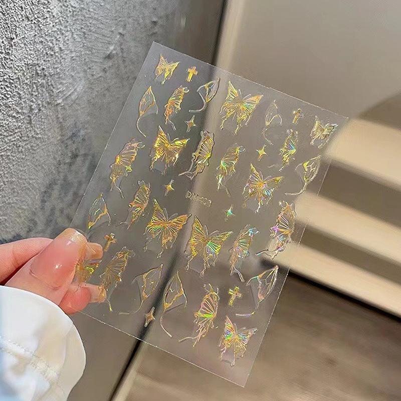 Серебряные черные белые бабочки 3D наклейки для ногтей металлические бабочки звезды распятия самоклеящиеся слайдеры обертывания маникюрные гель-лаки наклейки