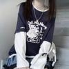 2024 Осень Девушки Подростки Harajuku Мультфильм Медведь Принт Поддельные 2 Части Футболка Лоскутная Длинный Рукав Y2K Футболка Женская Милая Одежда