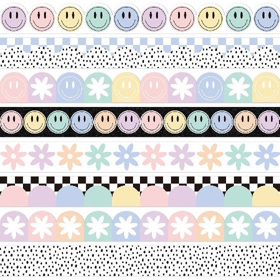 82Ft Bright Boho Bulletin Board Border Composition Smile Face Star Heart Plaid Stripe Adhesive Border Trim for Classroom Chalkboard Wall Decor