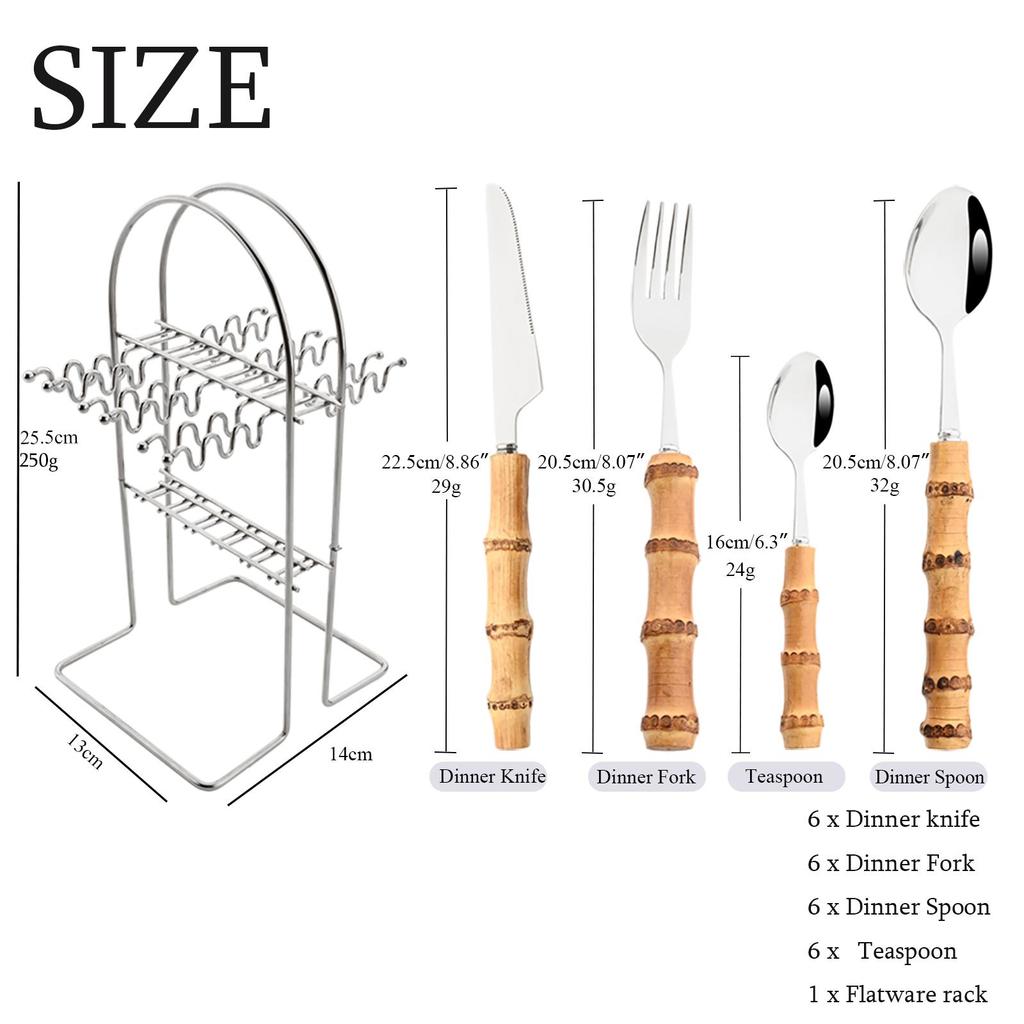 Роскошный набор столовых приборов из бамбука из 24 предметов - прочная серебристая посуда из нержавеющей стали с держателем для столовых приборов, зеркальная полировка
