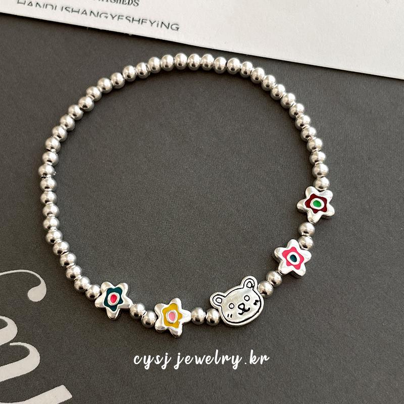 Серебряный браслет Cuiyan S925 с милым корейским цветочным мишкой - Модный браслет из бусин для женщин и лучших подруг