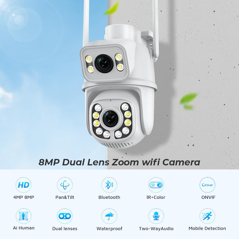 8MP 4K WIFI Camera Outdoor Dual Lens PTZ IP Camera 30M Night Vision CCTV Surveillance Camera Audio Auto Tracking ICSEE