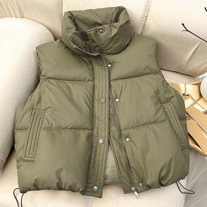 Women Warm Casual Solid Sleeveless Vest Coat Mock Neck Thicken Jacket Buttons Up Loose Women Down Jacket Autumn Winter