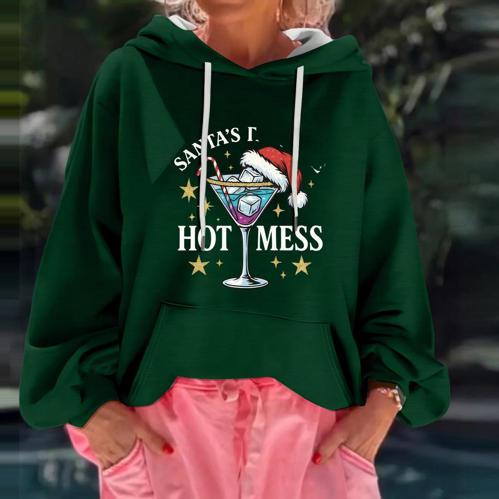 Women's Christmas Print Loose Casual Long Sleeve Hooded Sweatshirt