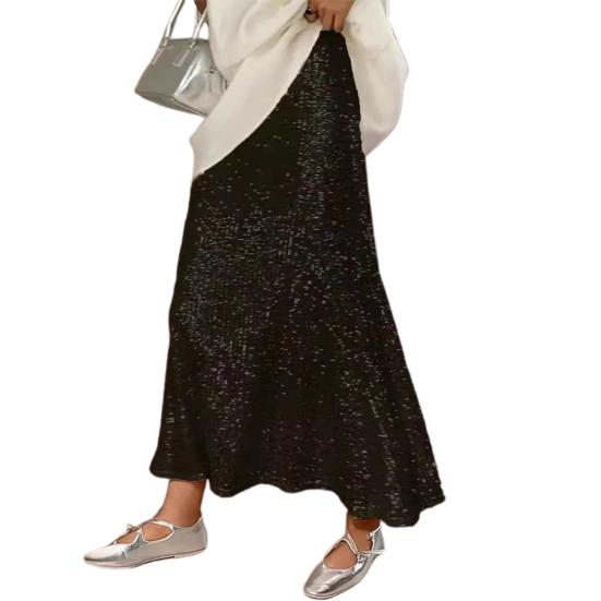 Women Maxi Skirt Elastic High Waist Long Skirt with Liner Shiny Sequins