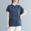 Летняя литература свободная однотонная рубашка из хлопка и льна со стоячим воротником и короткими рукавами женская рубашка топ Блузки и рубашки