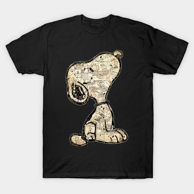 Азиатский размер Мужская черная футболка с принтом Snoopy Винтажный коллаж из комиксов Печать методом термопереноса без вырезания Хлопковая футболка