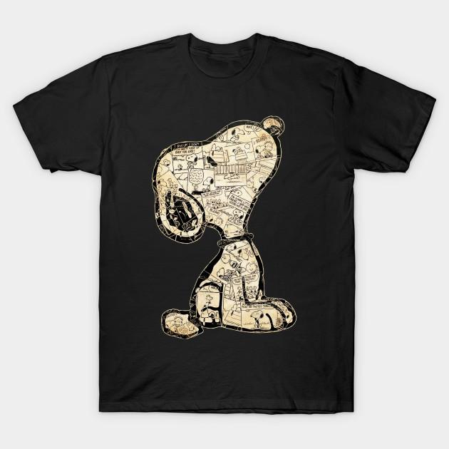Азиатский размер Мужская черная футболка с принтом Snoopy Винтажный коллаж из комиксов Печать методом термопереноса без вырезания Хлопковая футболка