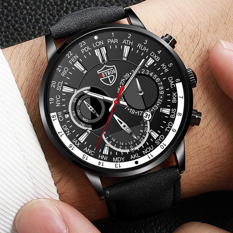 Модные мужские часы класса люкс для мужчин, деловые кожаные кварцевые наручные часы, мужские повседневные спортивные часы с браслетом и светящимися часами