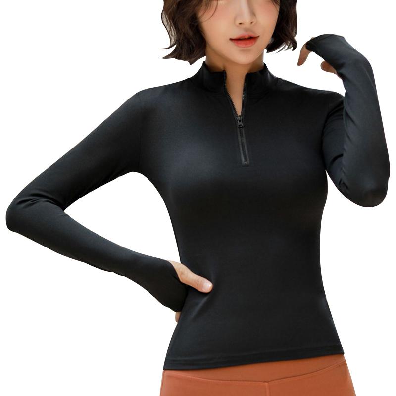 Женский топ для йоги, спортивная рубашка для йоги с длинным рукавом на молнии и отверстиями для больших пальцев, однотонная быстросохнущая дышащая рубашка для тренажерного зала и фитнеса