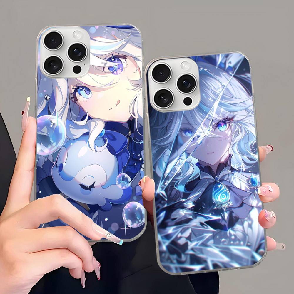 Чехол для телефона Genshin Impact Furina Для iphone 17 16 15 14 13 12 11 Pro Max Plus Серебристый Лазерный Сатиновый Аврора