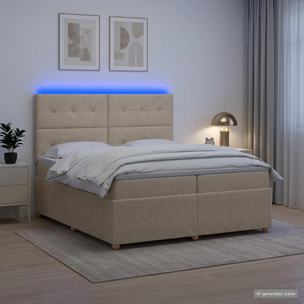 LED Box Spring Bed with Mattress Cream 200 x 200 cm Fabric