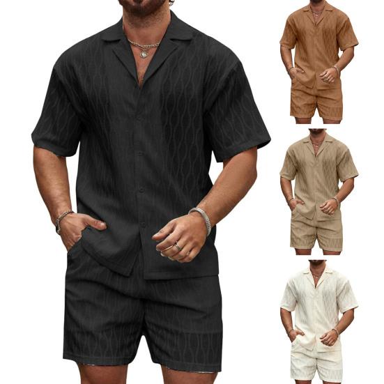 2 шт./комплект мужской летний наряд рубашка с коротким рукавом на пуговицах эластичный пояс шорты комплект однотонный спортивный костюм