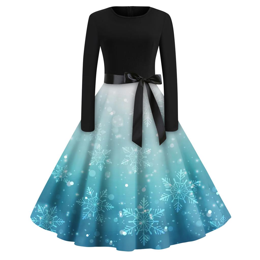 Женская мода с круглым вырезом, повседневные тонкие рождественские платья с длинным рукавом и принтом