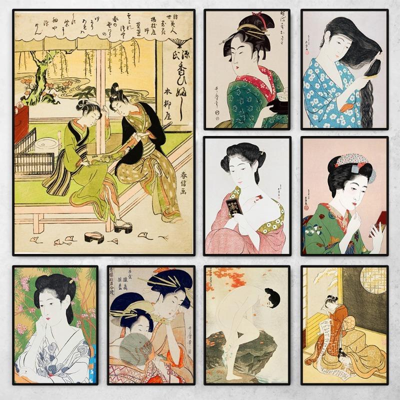Japanese Geisha Illustration Poster Print Sexy Women Ukiyo E Canvas Painting Antique Asian Wall Art Living Room Home Decor Gifts
