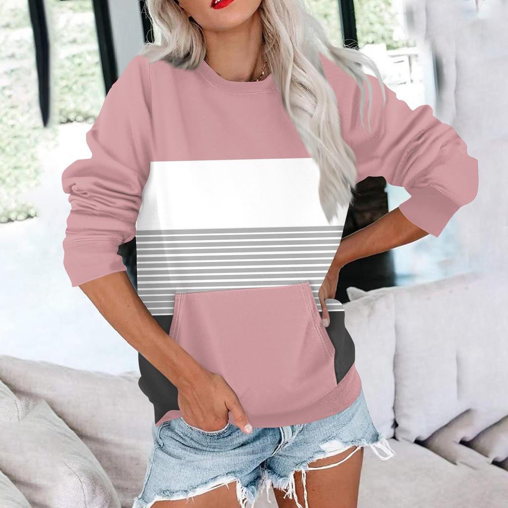Womens Long Sleeve Sweatshirt Casual Round Neck Cute Pullover Tops Printing Lightweight Sweatshirt With Pocket