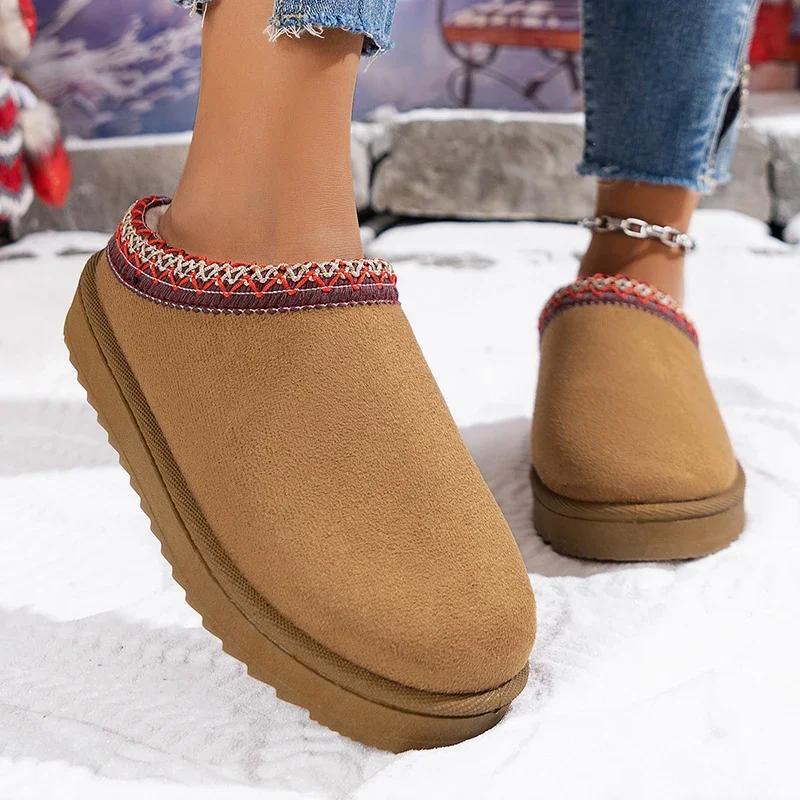 Woman Snow Boots for Warm Suede Leather Boots Autumn Winter Slip On Platform Boats Close Toe Hair Half Slipper Cotton Shoes