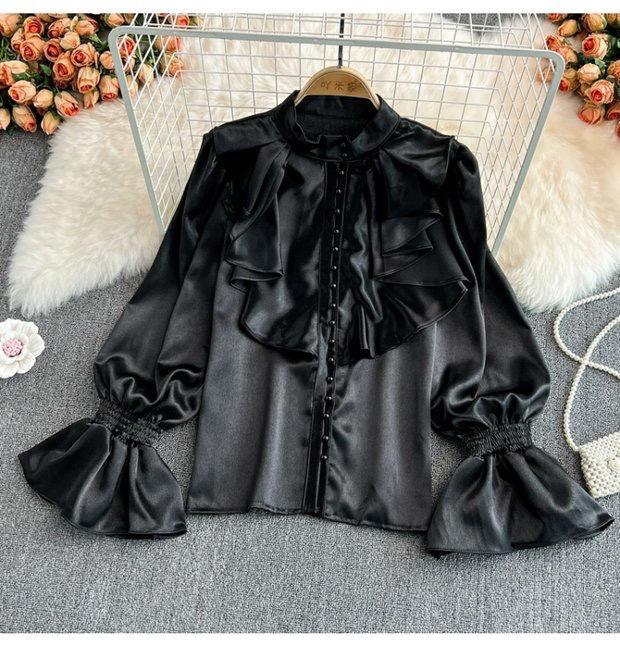 Винтажные однотонные блузки Женские Элегантный ацетатный сатин Воротник-стойка Дизайн рукавов-клеш Новые Шикарные Милые Свободные оборки Женские Топы