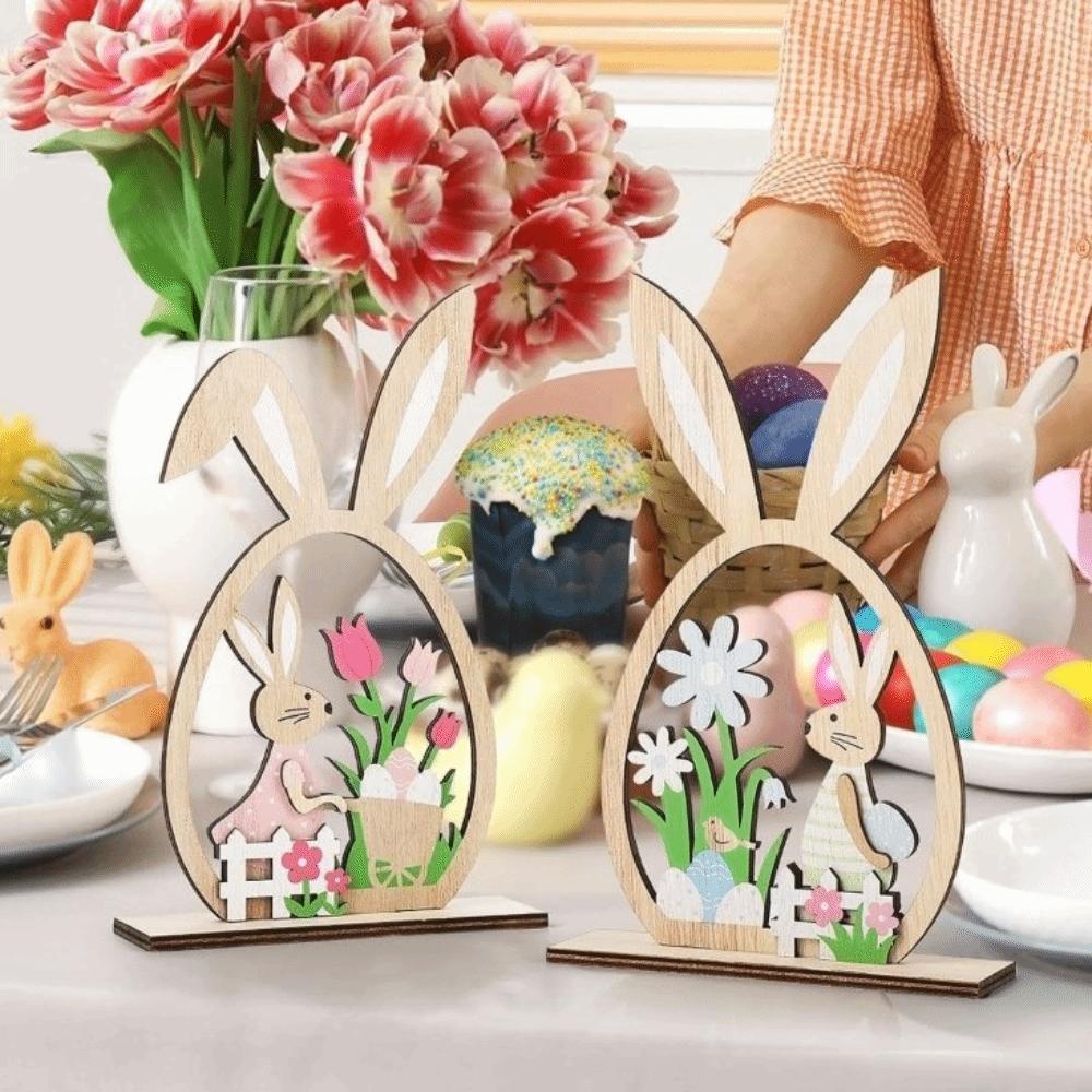 2Pcs Hand-Painted Easter Bunny Ornament Farmhouse Rustic Bunny Desktop Decorative Home Party