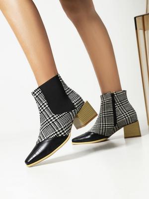 Европейские и американские женские короткие ботинки с расцветкой под змеиную кожу, цветной блок, толстый каблук, маленький квадратный носок, боковая молния