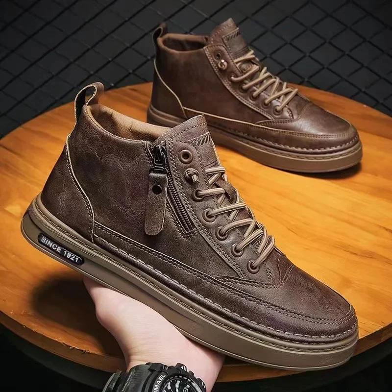 Fashion Men's Casual Boots New High-top Men's Boots Work Business  Side Zipper Men's Sneakers Leather  2024