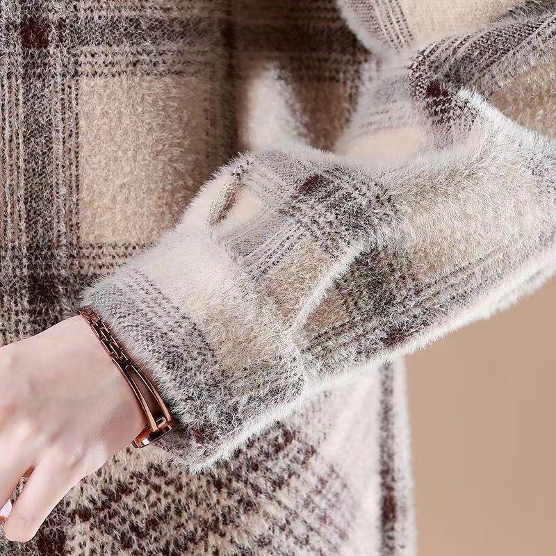 Женское зимнее норковое пальто, длинное осенне-зимнее утолщенное флисовое теплое клетчатое пальто, верх