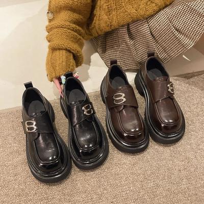 Металлическая пряжка толстый каблук маленькие кожаные туфли женские 2025 лето новые ретро британский стиль одинарные туфли универсальные лоферы на одном педале