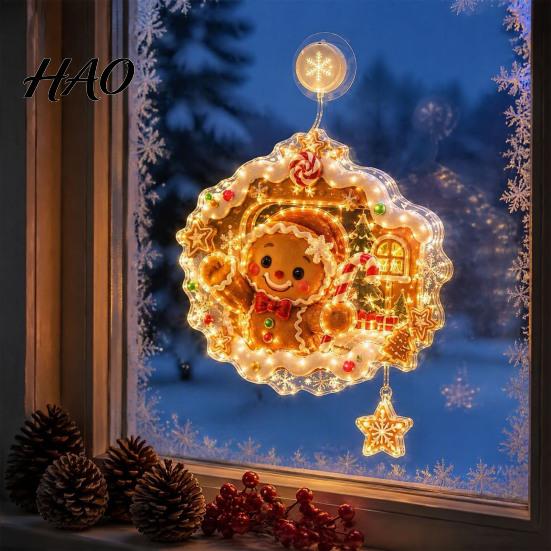 Holiday Home Decor Christmas Suction Cup Window Light, 7.8-Inch Double-Layer Warm LED Winter Decoration Battery Powered Hanging Light for Glass