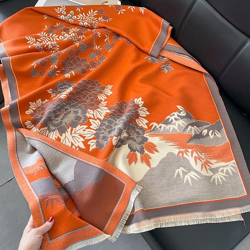 Winter Office Imitation Cashmere Blanket Warm Shawl Send Mother Retro Flower Air-conditioned Room Scarf Woman