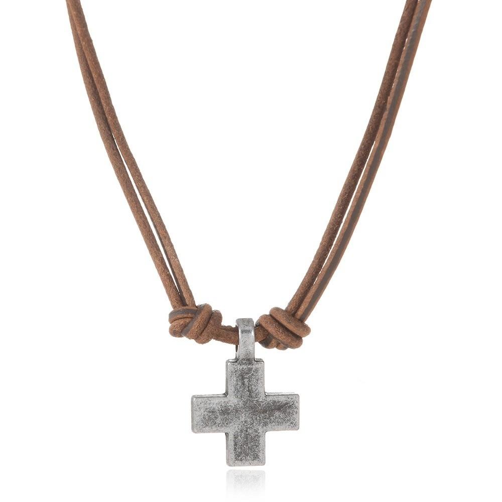 Handmade Craft Rope Leather Necklace Simple Braided Cross Necklace Cross Pendant Necklace  Gifts