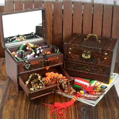 Винтажная деревянная шкатулка для украшений ручной работы с замком, стильный органайзер для хранения колец, серег, ожерелий