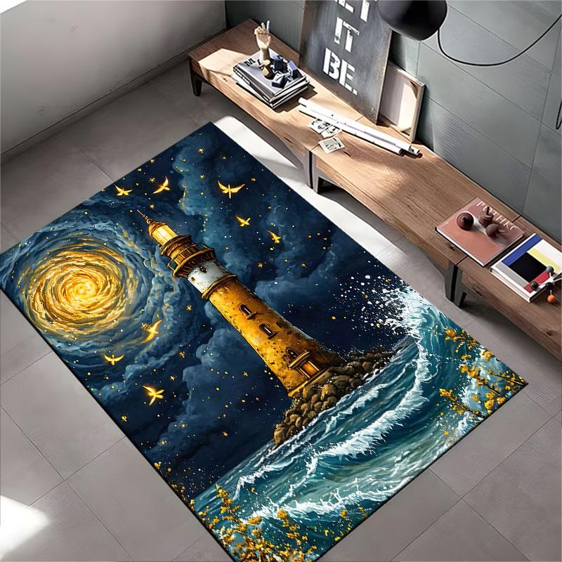 Lighthouse in Starry Night Scene suitable as a non-slip mat for the living room or bedroom sofa