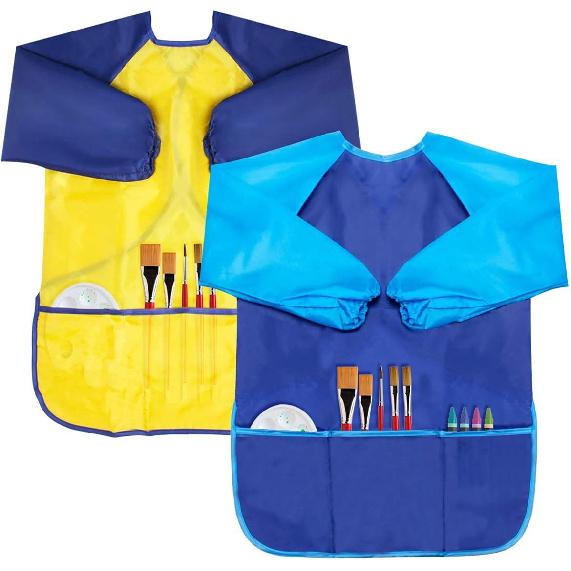 Kids Art Smocks 2 Pack Painting Smock with Long Sleeve and 3 Pockets for Age 3-8